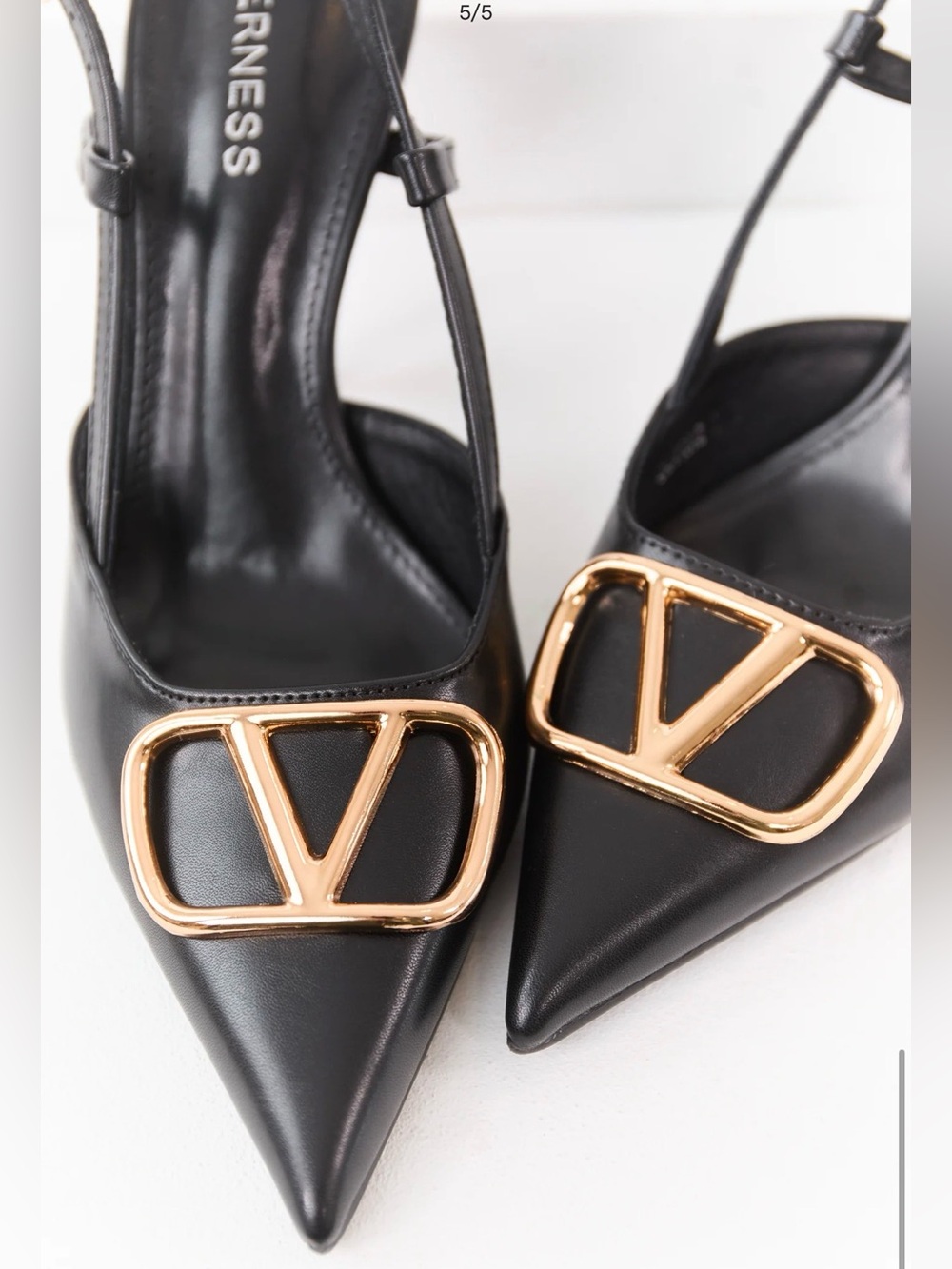 Black Pointed Slingback Heels with Gold Logo Accent